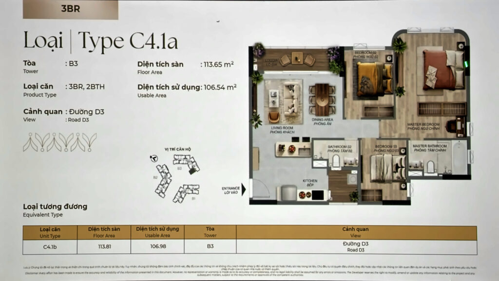 Layout căn 3PN lớn nhất Norton Park Type C4.1a tháp B3: sàn 113,65 m², sử dụng 106,54 m² | Norton Park’s largest 3BR, Type C4.1a, Tower B3: 113.65 m² floor, 106.54 m² usable