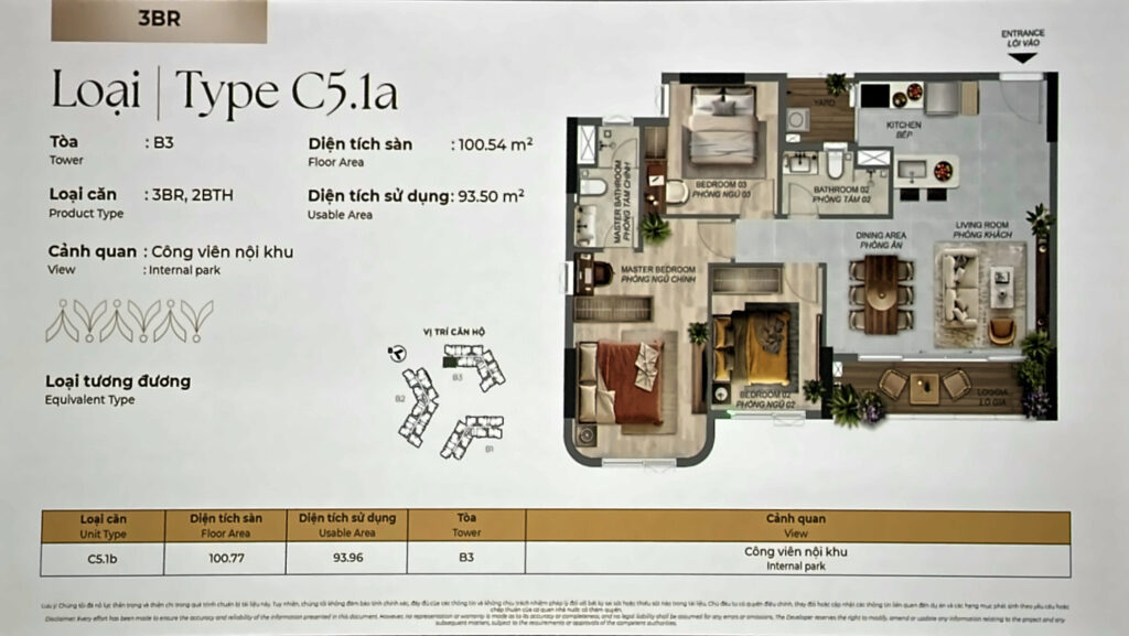 Layout căn 3PN Norton Park Type C5.1a tháp B3: sàn 100,54 m², sử dụng 93,50 m², phòng ngủ chính vươn ra bo cong | Norton Park 3BR Type C5.1a, Tower B3: 100.54 m² floor, 93.50 m² usable, projecting curved master bedroom