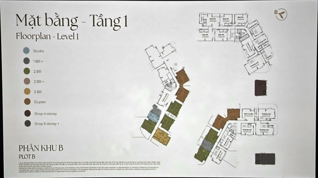 Mặt bằng tầng 1 phân khu B Norton Park: duplex sân vườn, căn hộ sân vườn, sảnh cư dân, nhà trẻ, shop khối đế và shop độc lập | Norton Park Plot B level 1: garden duplexes, garden units, lobbies, childcare, podium and standalone shops