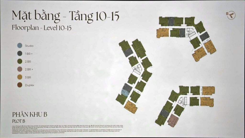 Mặt bằng tầng 10–15 phân khu B Norton Park: bố cục giữ nguyên như tầng 4–9, diện tích từng căn nhỉnh hơn | Norton Park Plot B levels 10–15: same layout as levels 4–9 with slightly larger unit areas