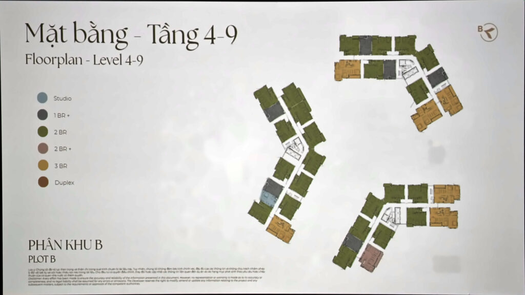 Mặt bằng tầng 4–9 phân khu B Norton Park: B1 11 căn, B2 14 căn, B3 12 căn mỗi tầng; màu theo loại căn studio, 1PN+, 2PN, 2PN+, 3PN | Norton Park Plot B levels 4–9: 11 units per floor in B1, 14 in B2, 12 in B3, colour-coded by unit type