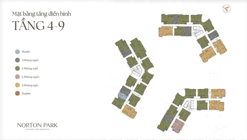 Mặt bằng tầng điển hình 4–9 phân khu B Norton Park, màu theo loại căn studio, 1PN+, 2PN, 2PN+, 3PN | Norton Park Plot B typical floor plan, levels 4–9, colour-coded by unit type