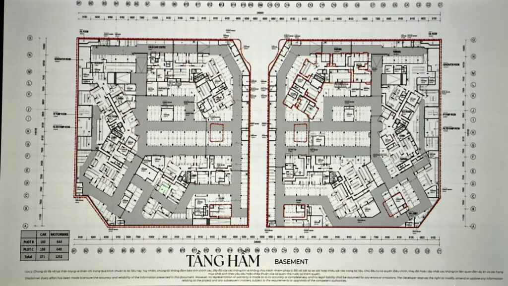 Mặt bằng tầng hầm Norton Park: Plot B 183 chỗ ô tô, 644 chỗ xe máy; Plot C 188 ô tô, 648 xe máy | Norton Park basement plan: Plot B 183 car and 644 motorbike bays; Plot C 188 car and 648 motorbike bays