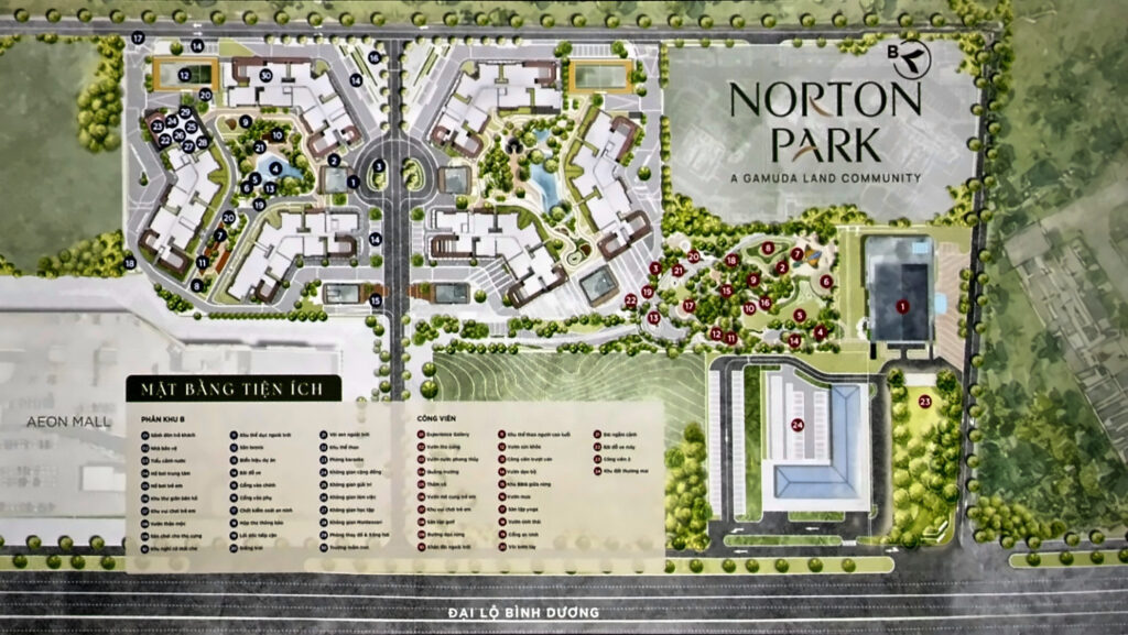 Mặt bằng tiện ích tổng thể Norton Park: 30 hạng mục phân khu B và 24 hạng mục công viên | Norton Park amenity master plan: 30 items in Plot B and 24 in the parks