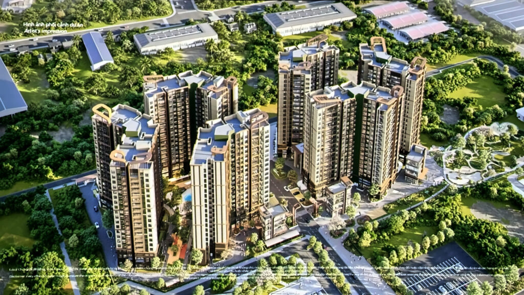 Phối cảnh từ trên cao 6 tháp 19 tầng của Norton Park quây quanh hai sân trong, công viên phía đông | Aerial render of Norton Park’s six 19-storey towers around two courtyards, park to the east