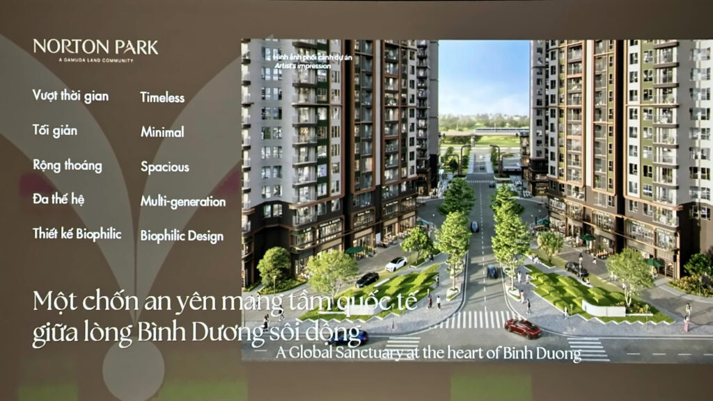 Phối cảnh Norton Park với năm giá trị thiết kế: vượt thời gian, tối giản, rộng thoáng, đa thế hệ, biophilic | Norton Park render with five design values: timeless, minimal, spacious, multi-generation, biophilic