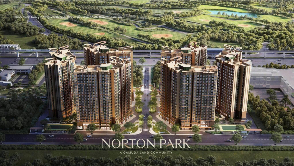 Phối cảnh từ trên cao Norton Park: hai phân khu ba tháp, tuyến metro quy hoạch và sân golf Sông Bé phía sau | Aerial render of Norton Park: two three-tower precincts, the planned metro line and Song Be golf course behind