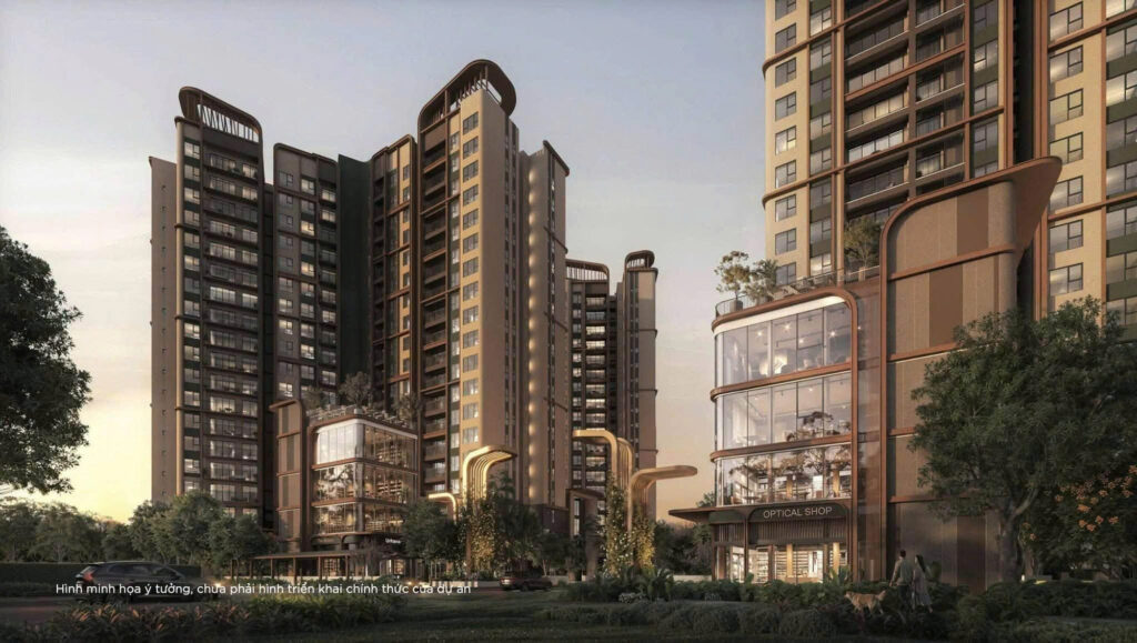 Phối cảnh các tháp 19 tầng Norton Park và khối shop độc lập kính nhiều tầng lúc hoàng hôn | Norton Park’s 19-storey towers and a multi-storey glazed standalone shop at dusk