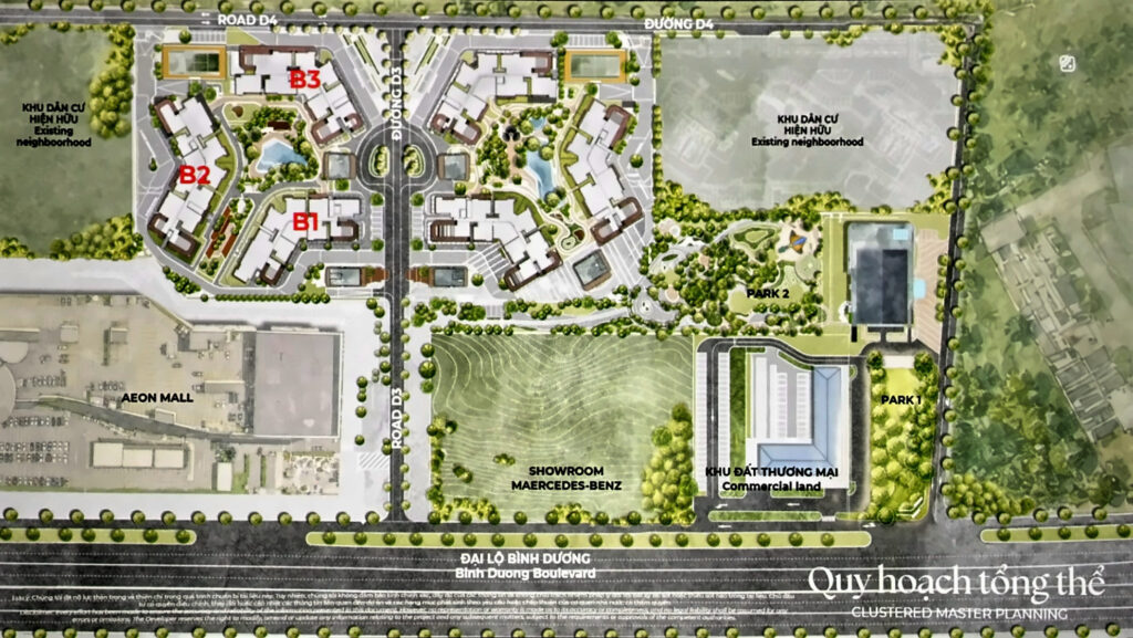 Quy hoạch tổng thể Norton Park: tháp B1, B2, B3, đường D3 và D4, AEON Mall, showroom Mercedes-Benz, Park 1, Park 2, Đại lộ Bình Dương | Norton Park master plan: towers B1–B3, roads D3 and D4, AEON Mall, Mercedes-Benz showroom, Park 1, Park 2, Binh Duong Boulevard
