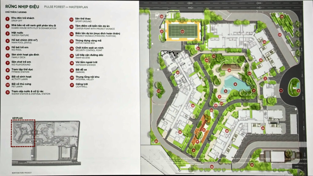 Mặt bằng sân trong Rừng Nhịp Điệu phân khu B Norton Park: hồ bơi chính 210 m², hồ trẻ em, sân thể thao, bãi cỏ thú cưng, trạm thể dục | Norton Park Plot B Pulse Forest courtyard: 210 m² main pool, kids pool, sport ground, pet lawn, fitness station
