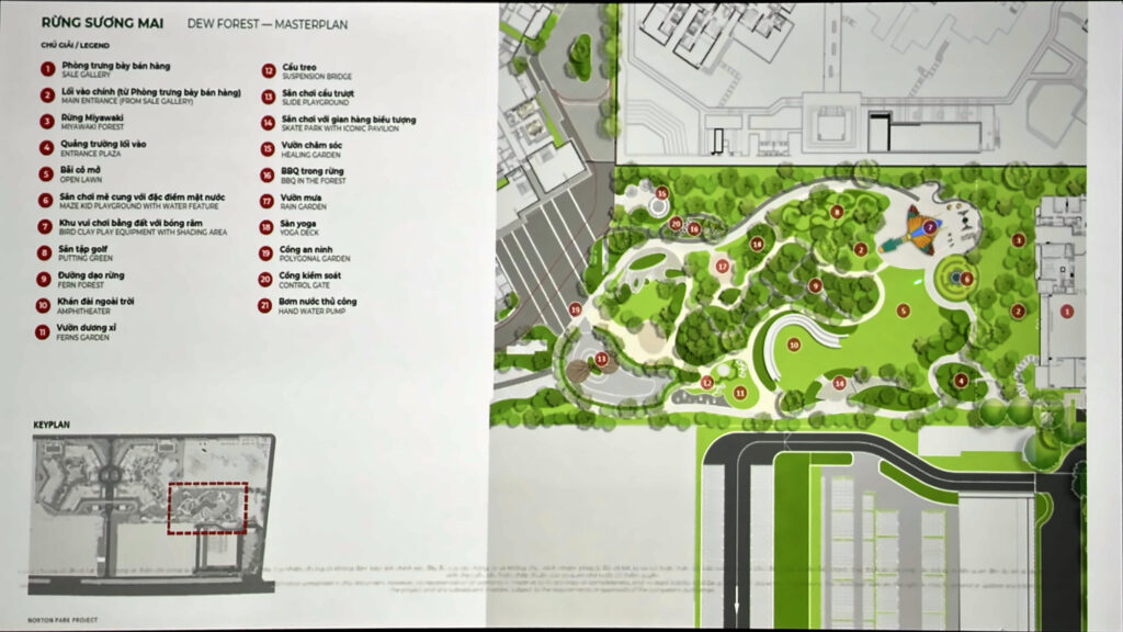 Mặt bằng Rừng Sương Mai Norton Park với 21 hạng mục: rừng Miyawaki, khán đài ngoài trời, sân trượt ván, BBQ trong rừng, vườn mưa | Norton Park Dew Forest plan with 21 features: Miyawaki forest, amphitheatre, skate park, forest BBQ, rain garden