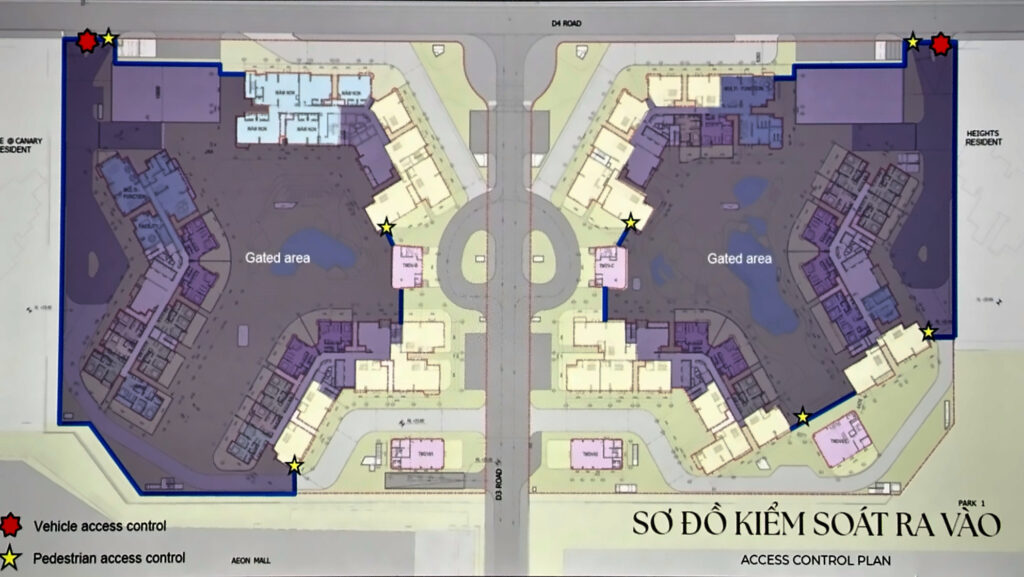 Sơ đồ kiểm soát ra vào Norton Park: chốt kiểm soát xe và cổng đi bộ quanh khu nội bộ có rào (gated area) của từng phân khu | Norton Park access control plan: vehicle and pedestrian control points around each precinct’s gated area