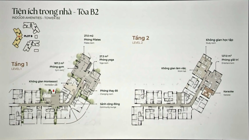 Tiện ích trong nhà tháp B2 Norton Park: gym 187,2 m², pilates 27 m², yoga 27,3 m², Montessori, sảnh cộng đồng, phòng học, khu làm việc, phòng giải trí 127 m², karaoke | Norton Park Tower B2 indoor amenities: 187.2 m² gym, pilates, yoga, Montessori lab, lounge, study room, work hub, 127 m² entertainment room, karaoke