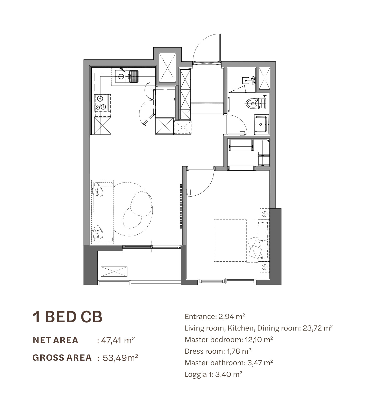 Floor plan of the 1-bedroom apartment type CB at Starlake The Prime K8CT1, 47.41 m² net