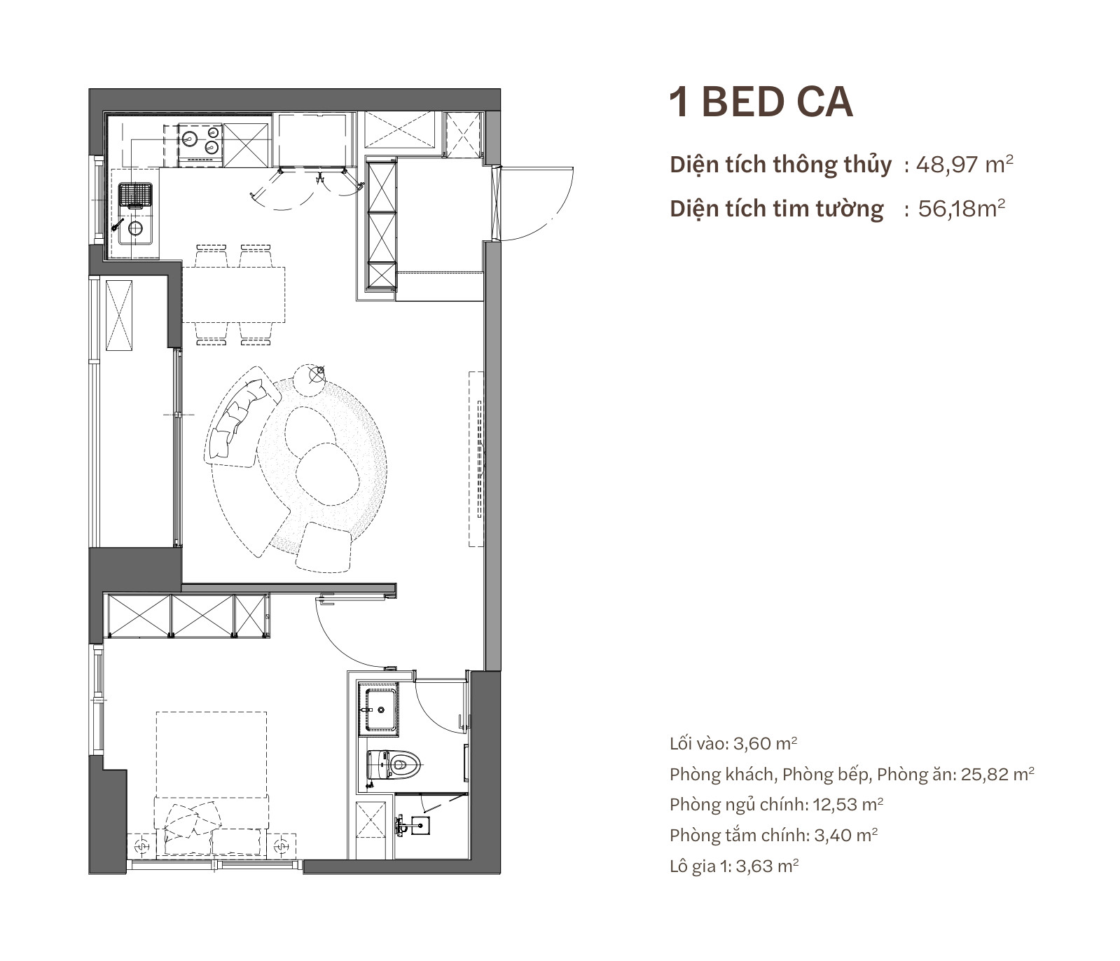 Mặt bằng căn hộ 1 phòng ngủ loại CA Starlake The Prime K8CT1, thông thuỷ 48,97 m²