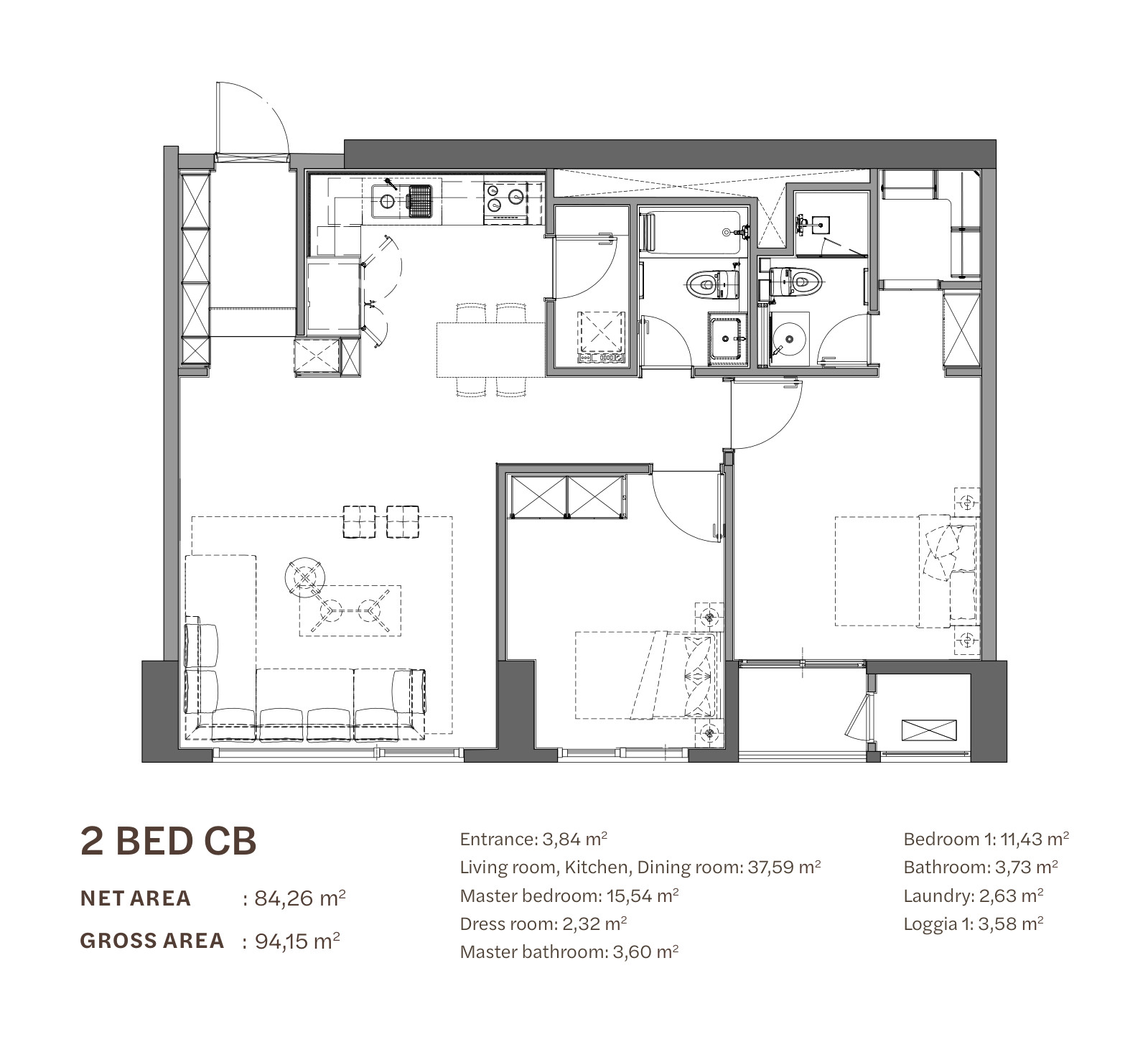 Floor plan of the 2-bedroom apartment type CB at Starlake The Prime K8CT1, 84.26 m² net