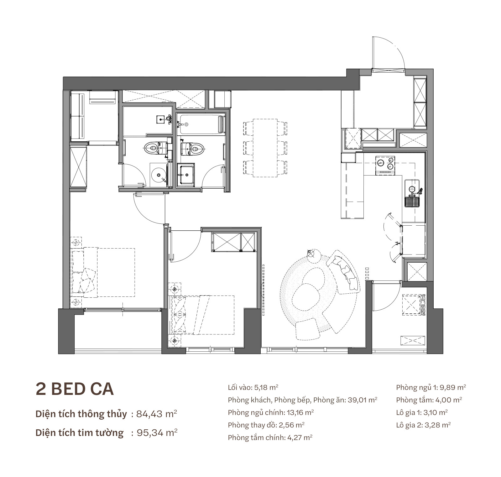 Mặt bằng căn hộ 2 phòng ngủ loại CA Starlake The Prime K8CT1, thông thuỷ 84,43 m²
