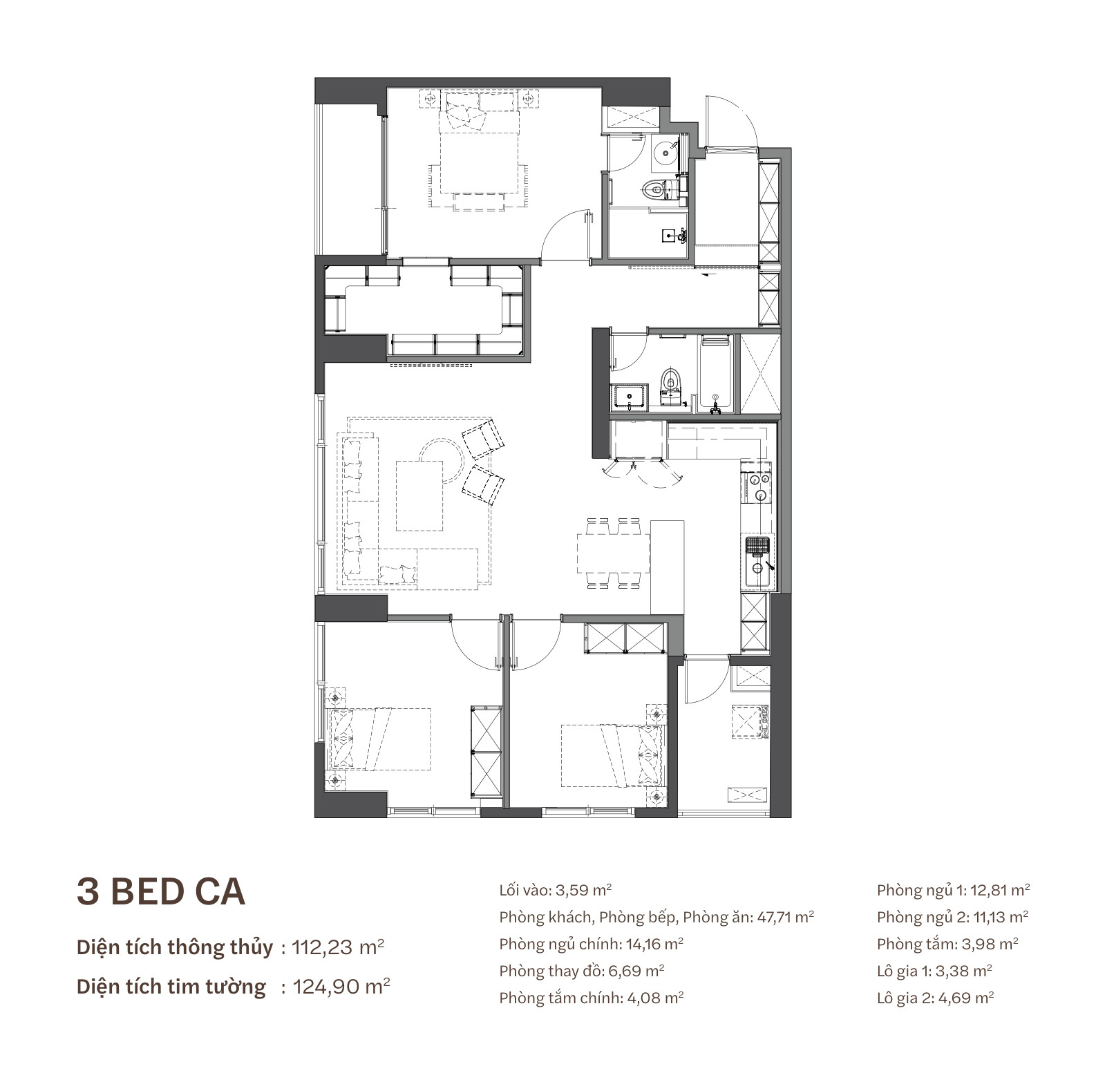 Mặt bằng căn hộ 3 phòng ngủ loại CA Starlake The Prime K8CT1, thông thuỷ 112,23 m²