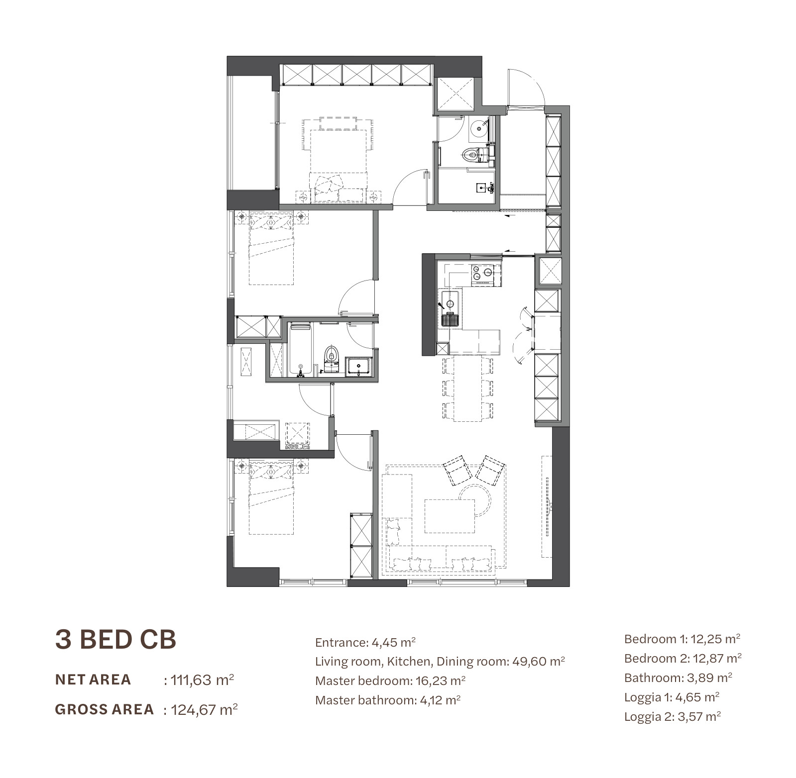 Floor plan of the 3-bedroom apartment type CB at Starlake The Prime K8CT1, 111.63 m² net