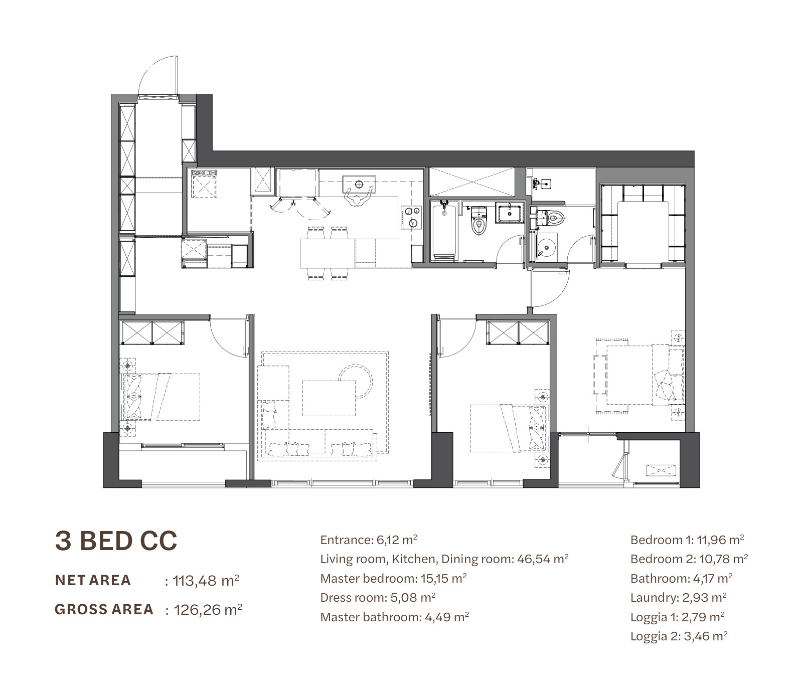 Floor plan of the 3-bedroom apartment type CC at Starlake The Prime K8CT1, 113.48 m² net