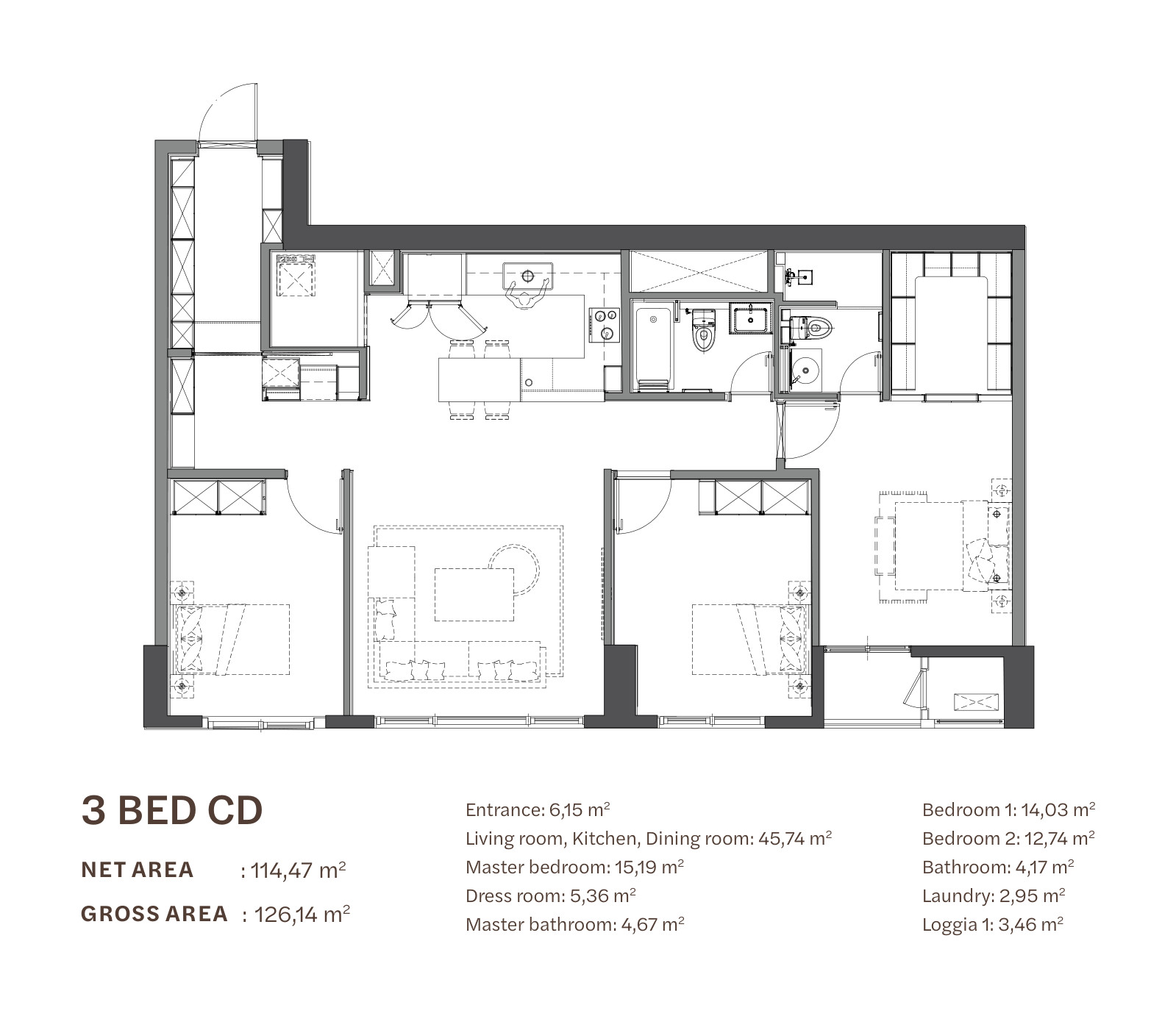 Floor plan of the 3-bedroom apartment type CD at Starlake The Prime K8CT1, 114.47 m² net