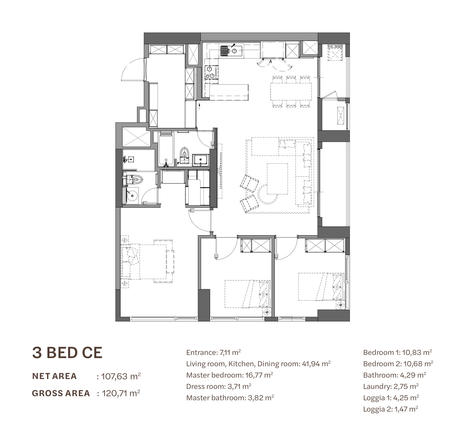 Floor plan of the 3-bedroom apartment type CE at Starlake The Prime K8CT1, 107.63 m² net
