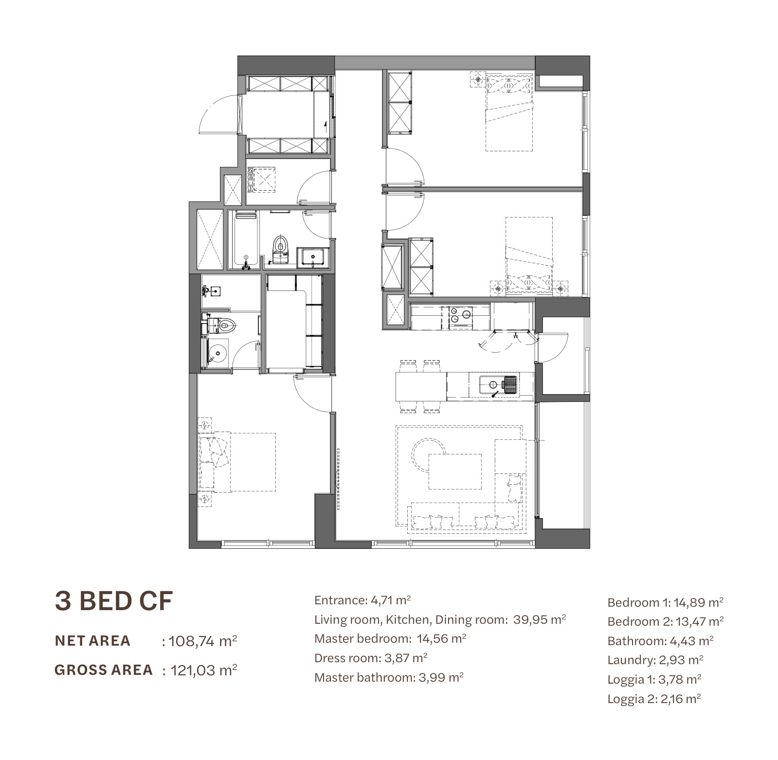 Floor plan of the 3-bedroom apartment type CF at Starlake The Prime K8CT1, 108.74 m² net