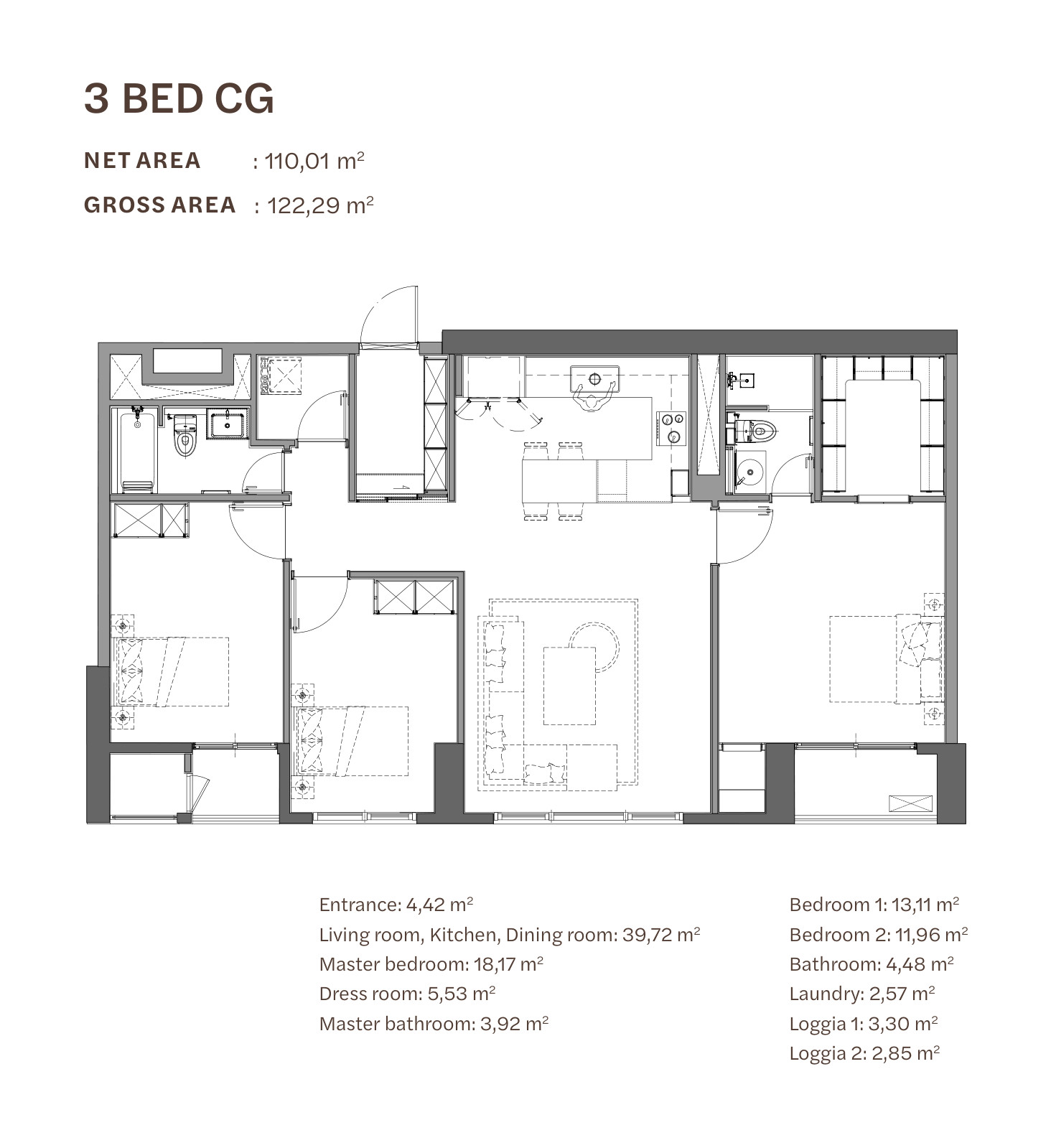 Floor plan of the 3-bedroom apartment type CG at Starlake The Prime K8CT1, 110.01 m² net