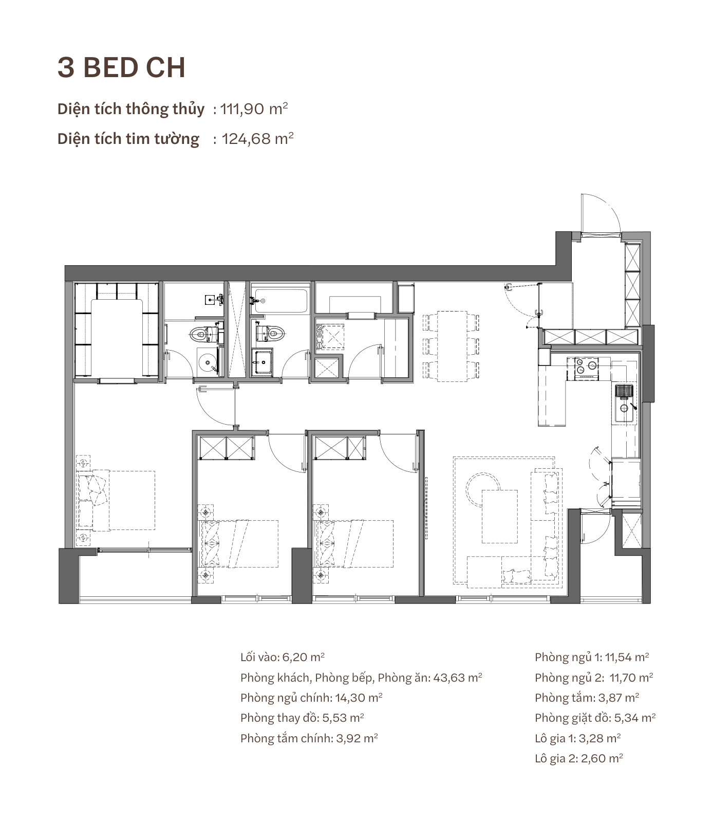 Mặt bằng căn hộ 3 phòng ngủ loại CH Starlake The Prime K8CT1, thông thuỷ 111,90 m²