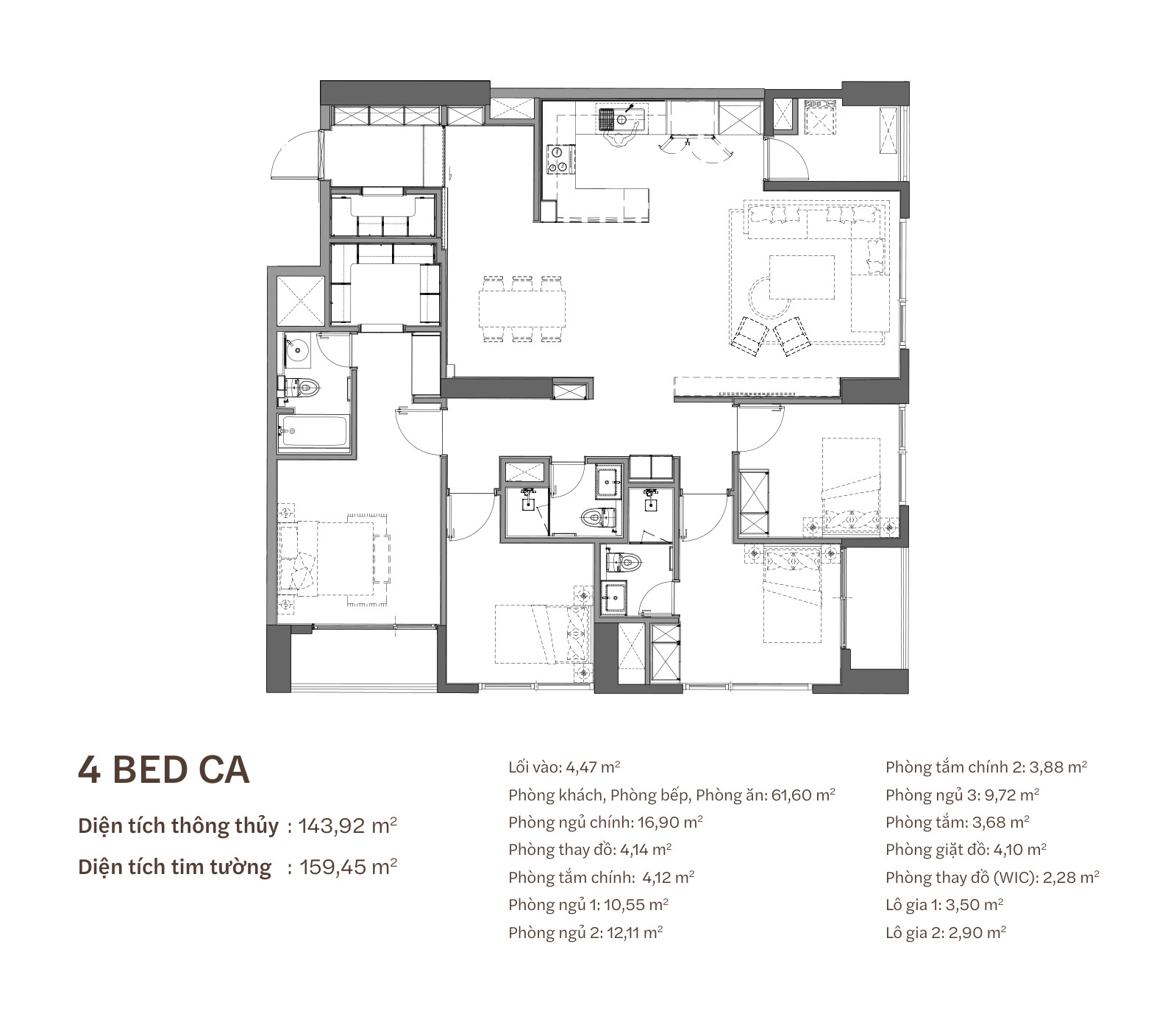 Mặt bằng căn hộ 4 phòng ngủ Starlake The Prime K8CT1, thông thuỷ 143,92 m²