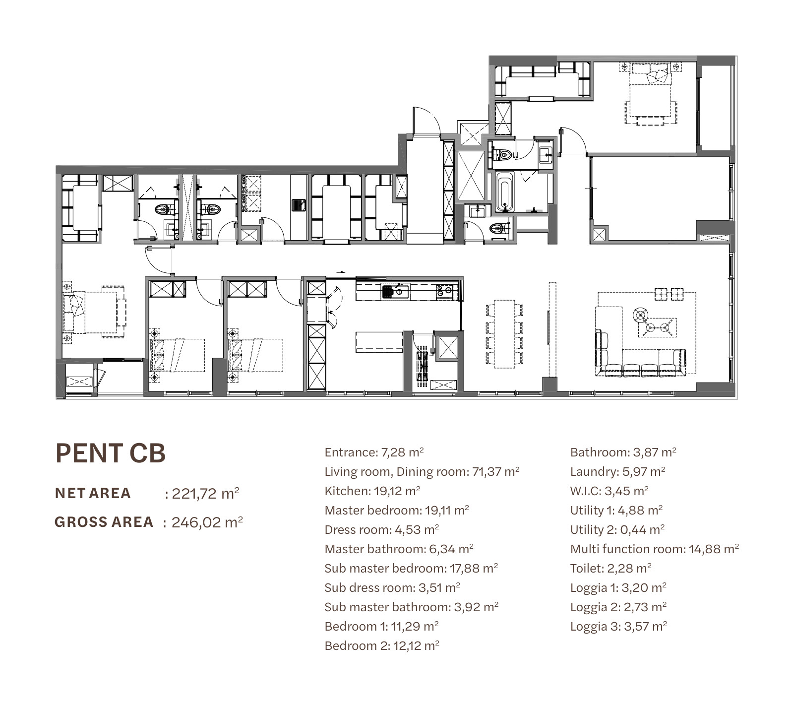 Floor plan of the penthouse type CB at Starlake The Prime K8CT1, 221.72 m² net