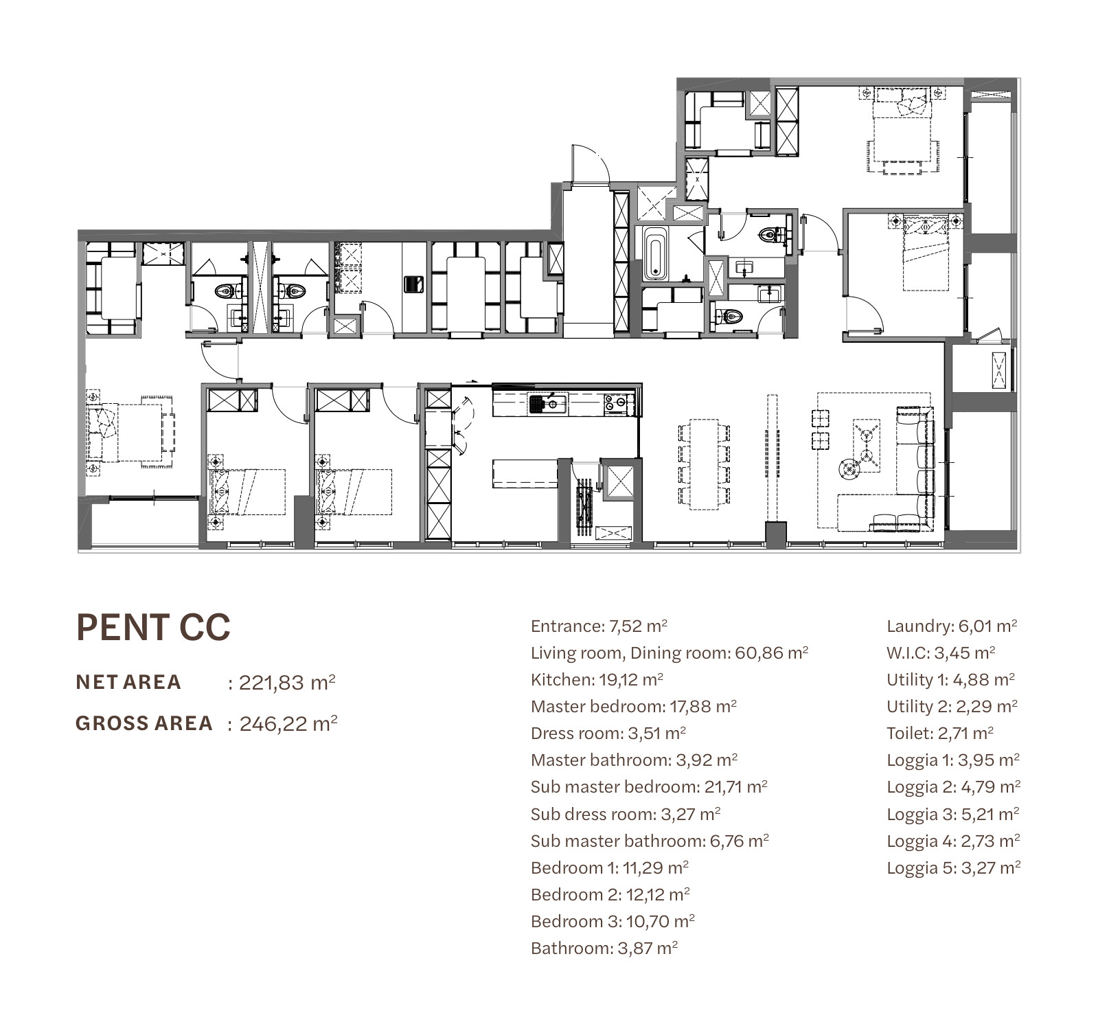 Floor plan of the penthouse type CC at Starlake The Prime K8CT1, 221.83 m² net