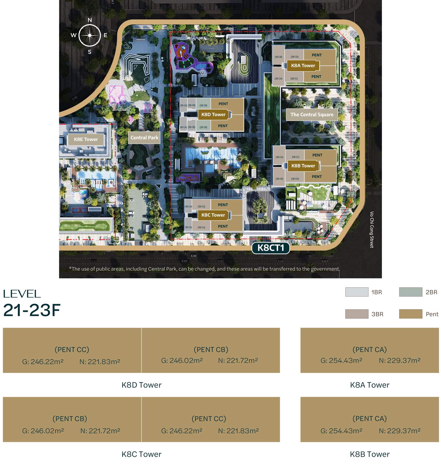 Starlake The Prime K8CT1 site plan for penthouse levels 21–23 with penthouse types and areas