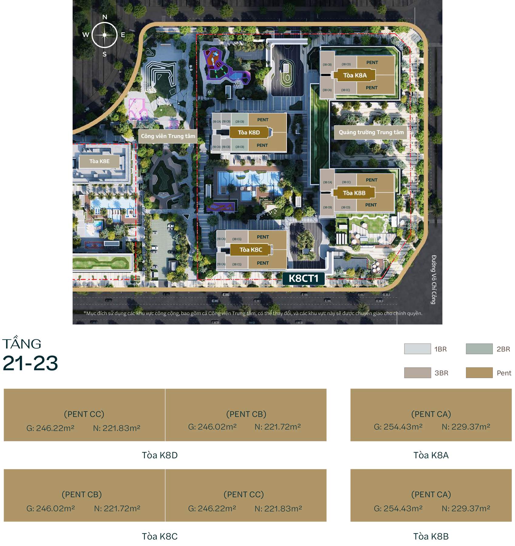 Tổng mặt bằng tầng penthouse 21–23 Starlake The Prime K8CT1 với vị trí và diện tích các loại penthouse