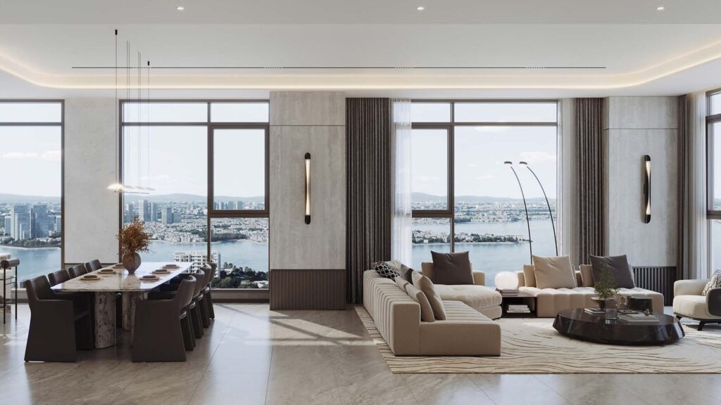 Phòng khách và phòng ăn penthouse Starlake The Prime nhìn ra Hồ Tây